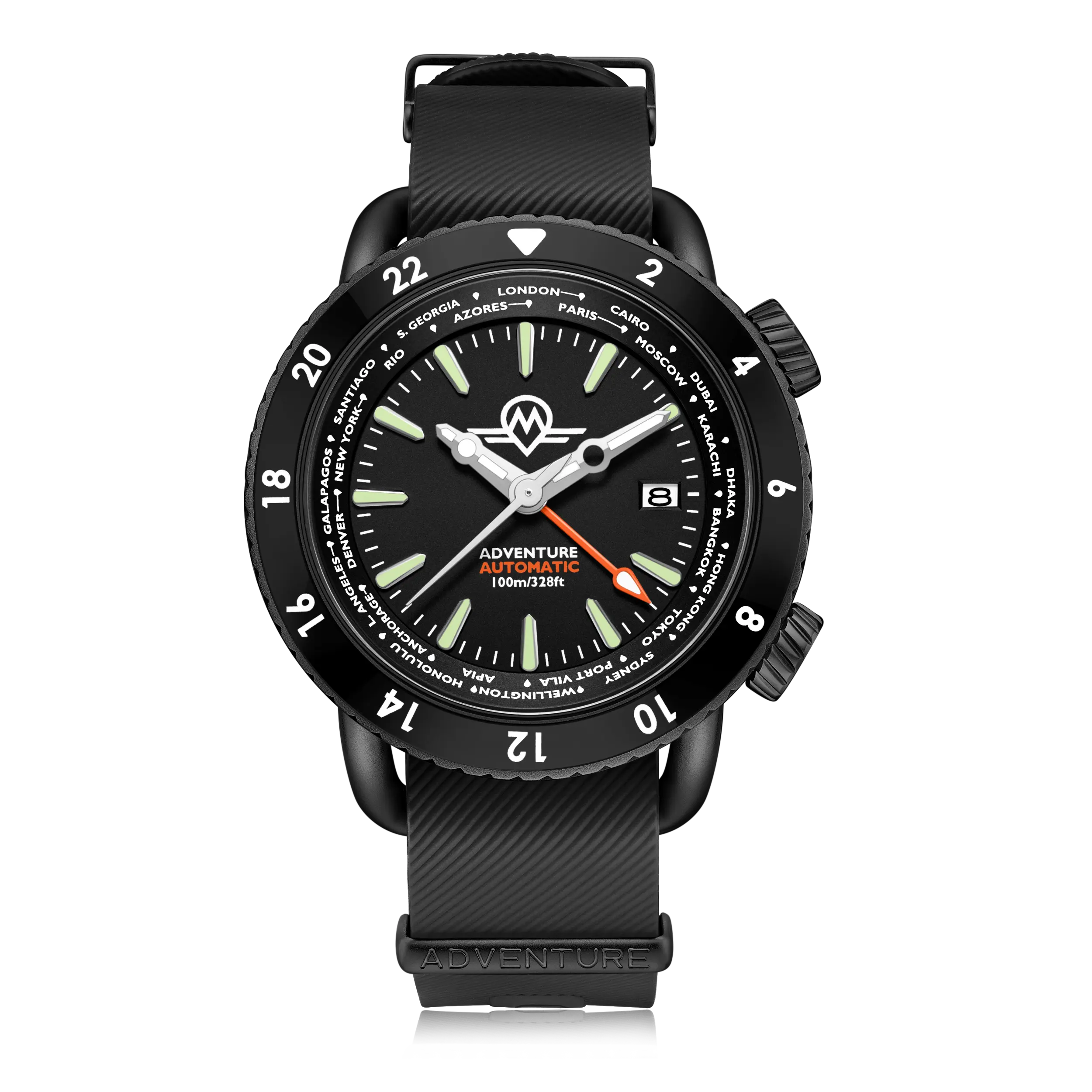 Monro MONRO ADVENTURE MA-5 URBAN BLACK X, Automatic GMT Worldtimer, 44mm Stainless Steel, Black Dial