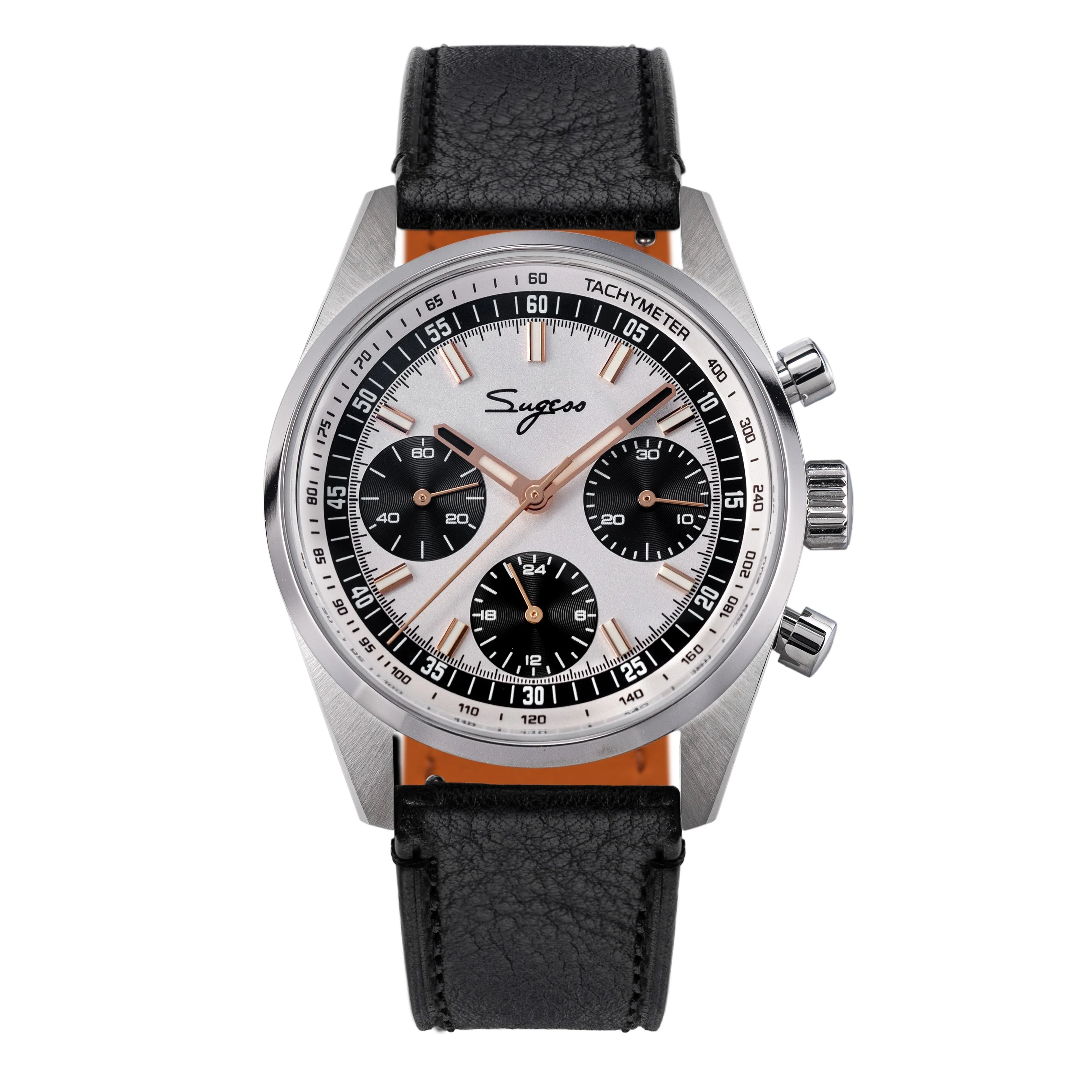 Sugess Sugess S465 Chronograph Stainless Steel Black Dial Rose Gold Hand Black Leather