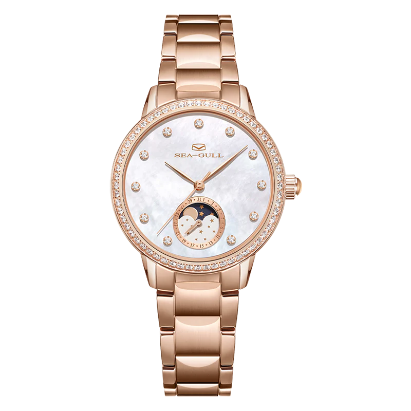 Sea-Gull Moon Phase Mother-of-Pearl Dial Diamond-set Lady's Watch 34mm
