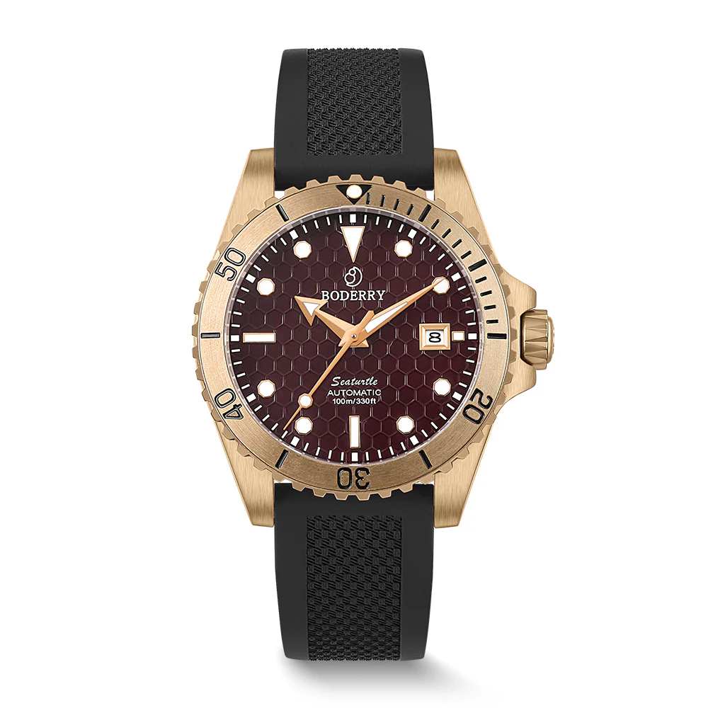 Boderry SEATURTLE.OCEAN(BRONZE) - Automatic Bronze Diver Watch | Red/FKM Rubber