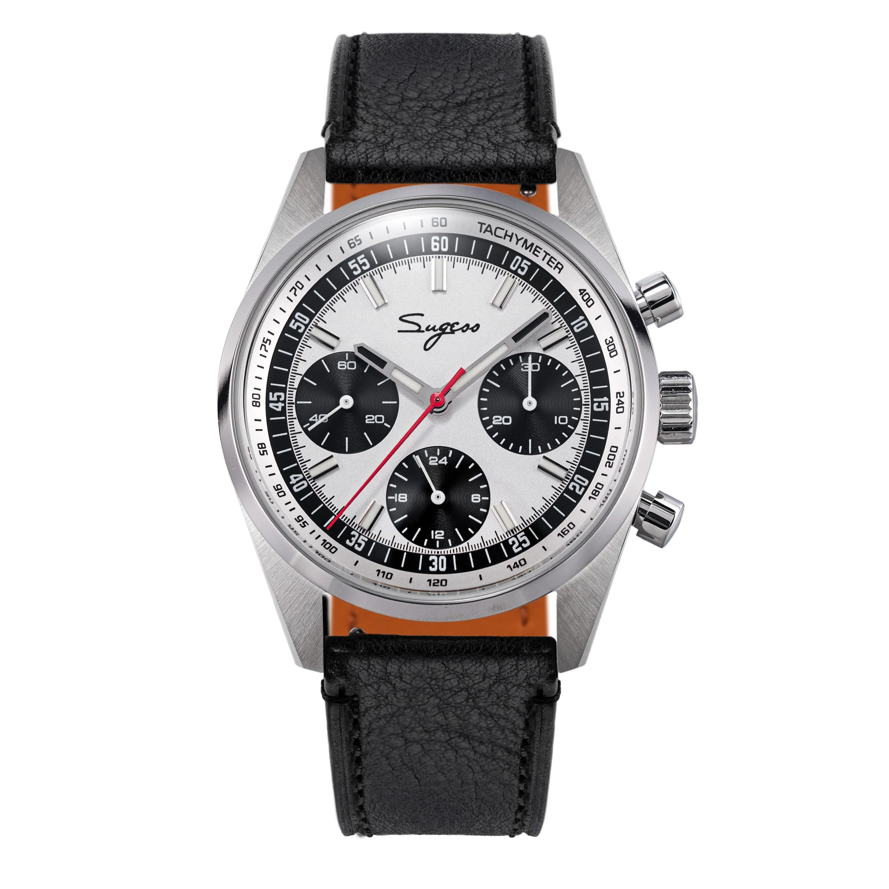 Sugess Sugess S465 Chronograph Stainless Steel Panda Dial Silver Hand Black Leather