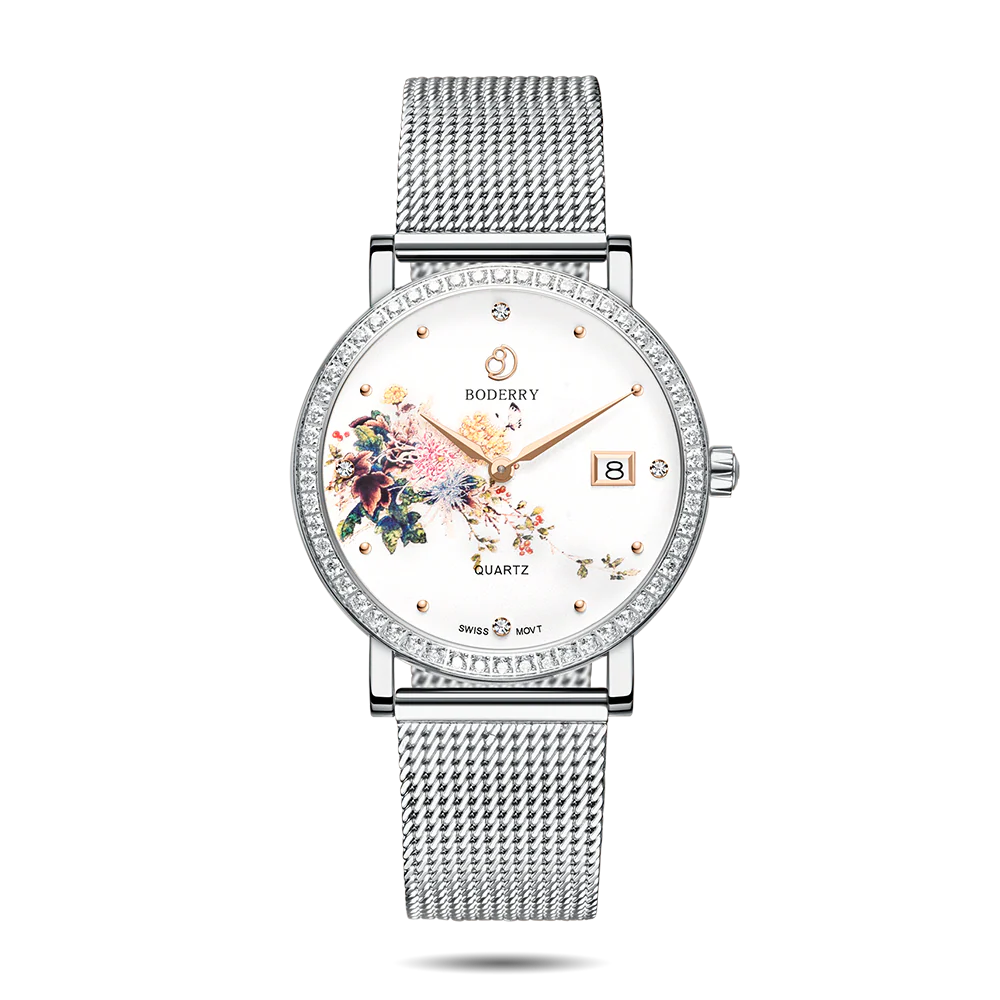 Boderry FLOWER - Swiss Quartz Movement Watch | Silver & Chrysanth