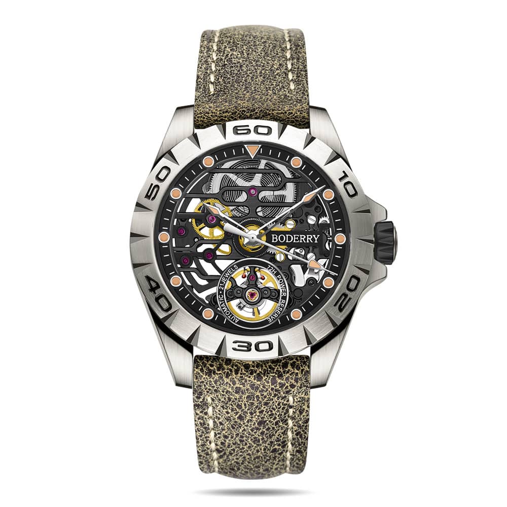 Boderry URBAN SKELETON(TITANIUM) V2.0-Silver Hands - Hi-beat(28,800 bph) with 72 hrs Power-reserve Automatic Watch | Black Dial