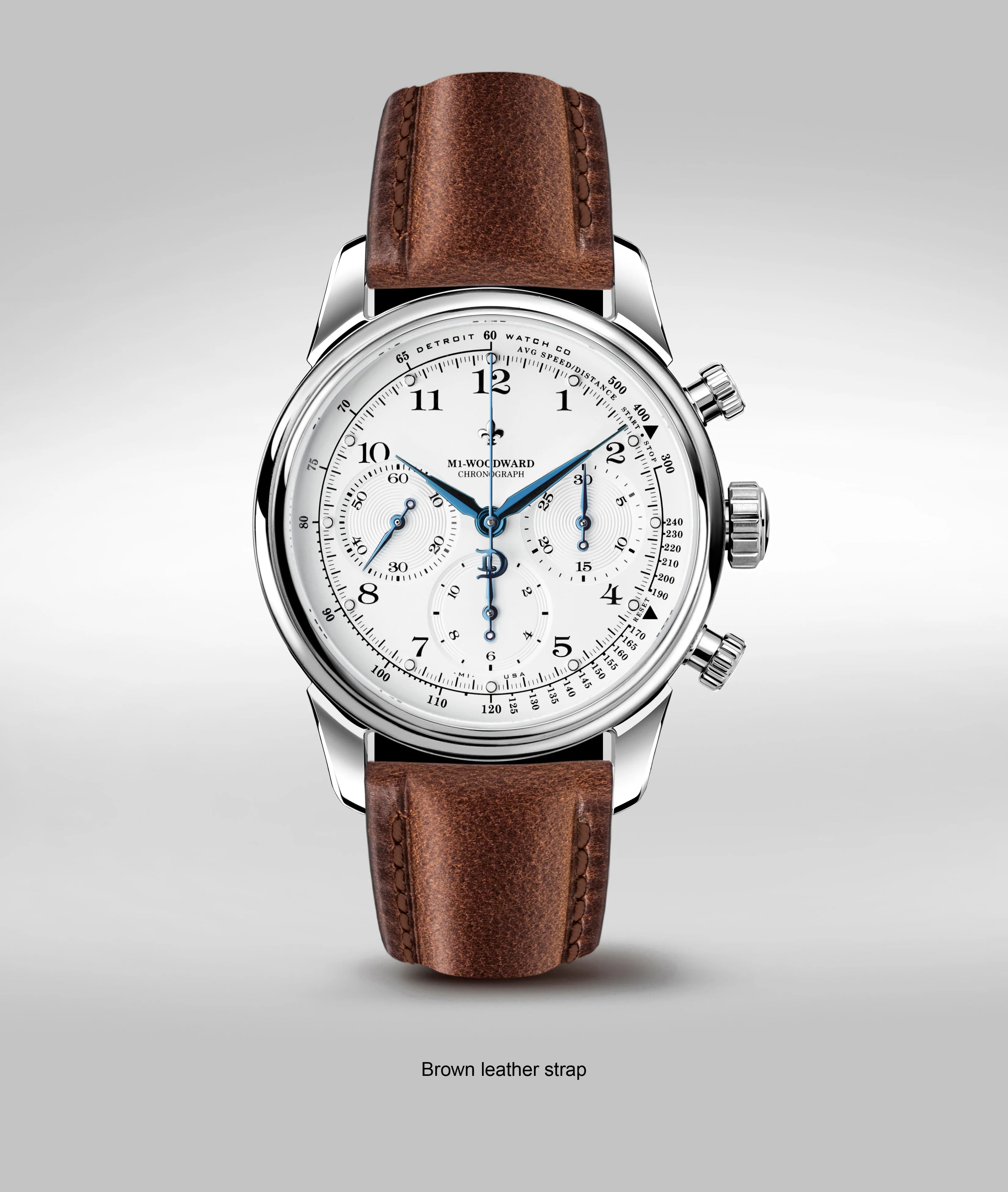 Detroit Watch Company 42mm M1-Woodward® Classic Arabic dial Chronograph Exhibition Blue Hands