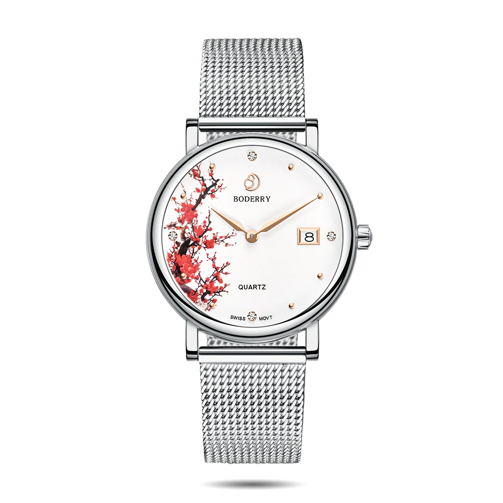 Boderry FLOWER - Swiss Quartz Movement Watch | Silver & Plum Blossom