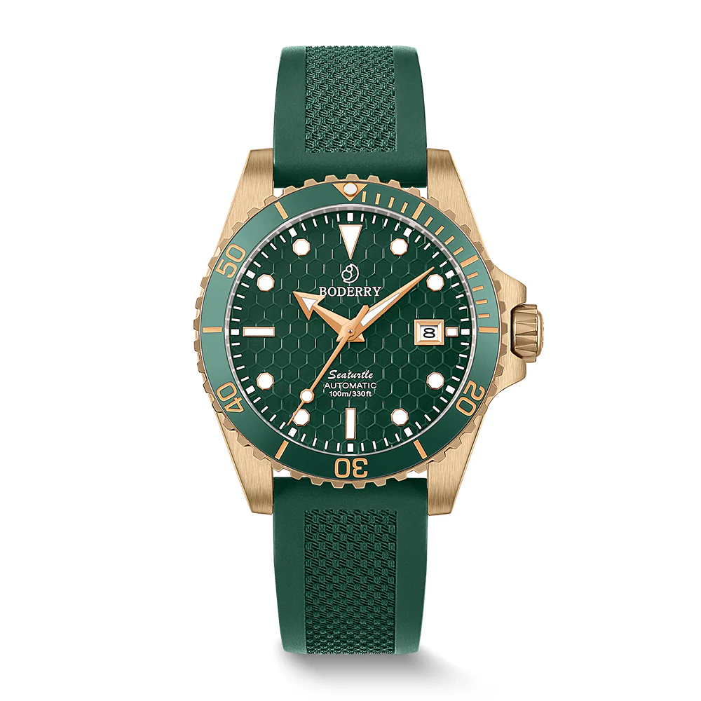 Boderry SEATURTLE.OCEAN(BRONZE) - Automatic Bronze Diver Watch | Turtle Green/FKM Rubber