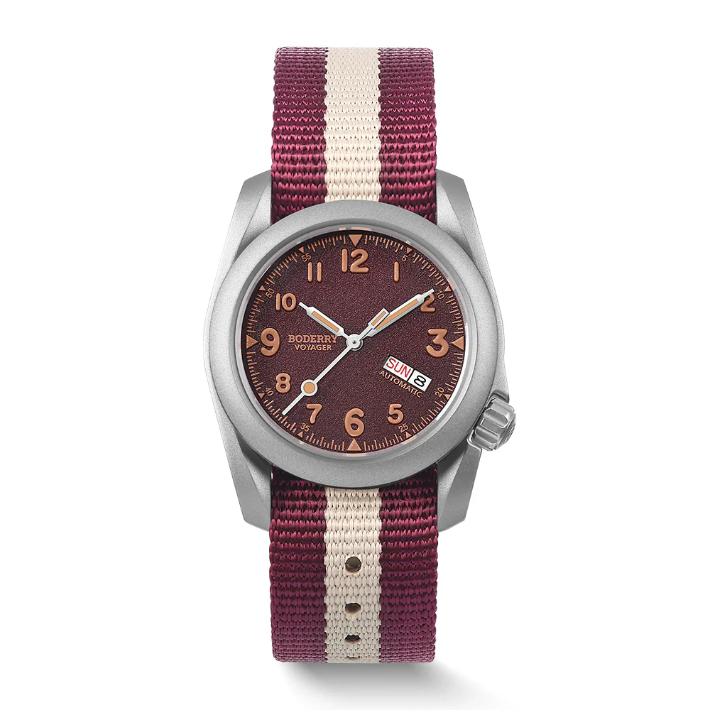 Boderry VOYAGER - 100M Waterproof Titanium Automatic Field Watch | Claret-Red Day,Date