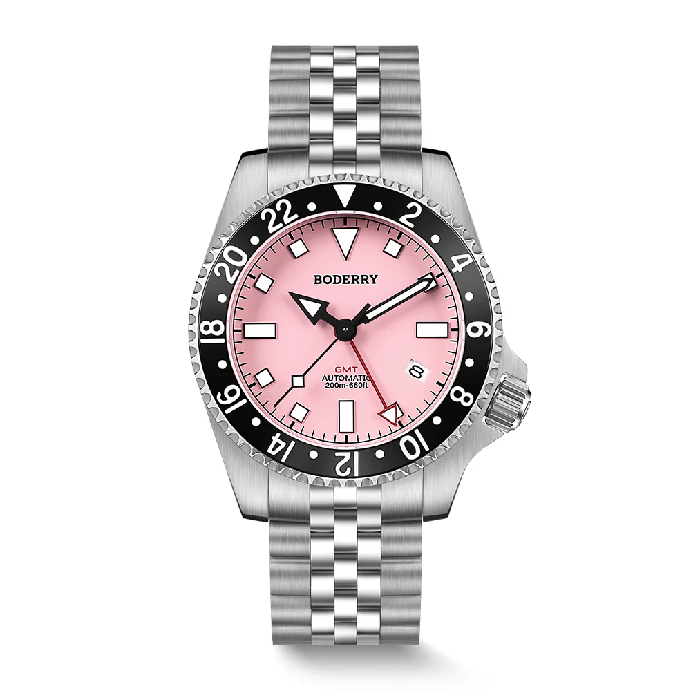 Boderry ADMIRAL GMT - 200M Waterproof Titanium Automatic Diver Watch | Pink-(Ceramic Bezel)