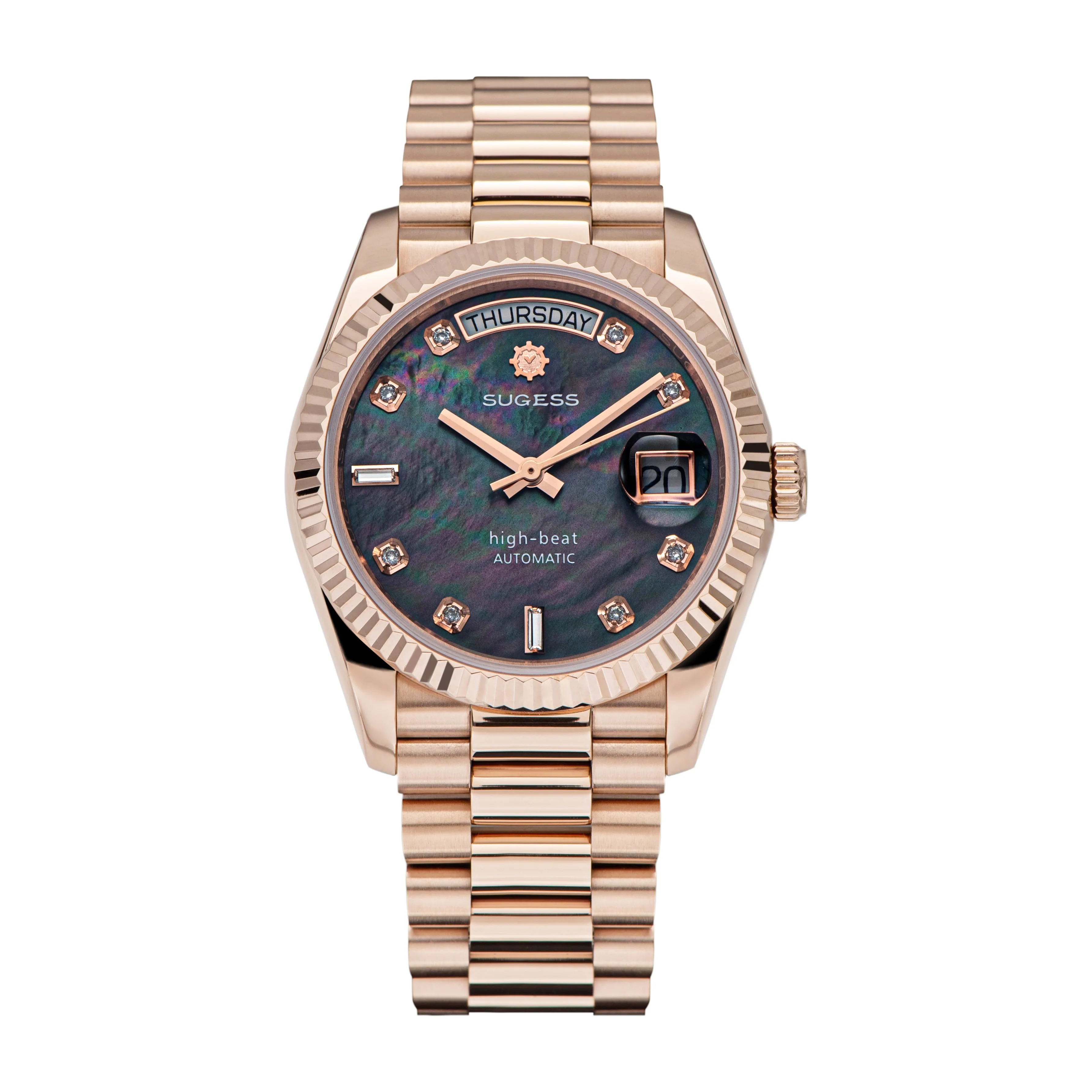Sugess Heritage S449 DD Date and Day Display DD36 36mm Rose Gold Black Pearl Dial Automatic