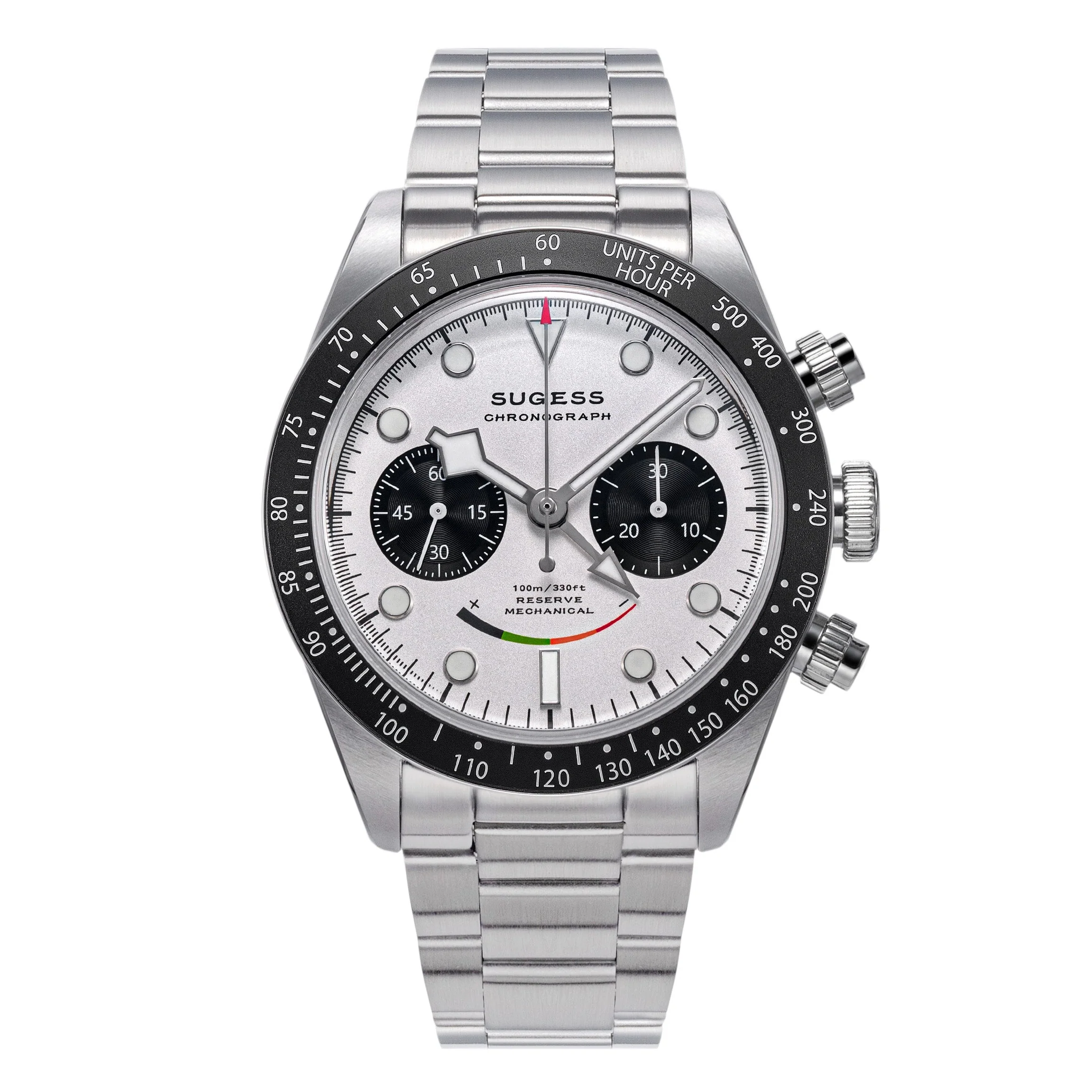 Sugess Chrono Heritage S475 Chronograph Power Reserve Smile White Panda Dial