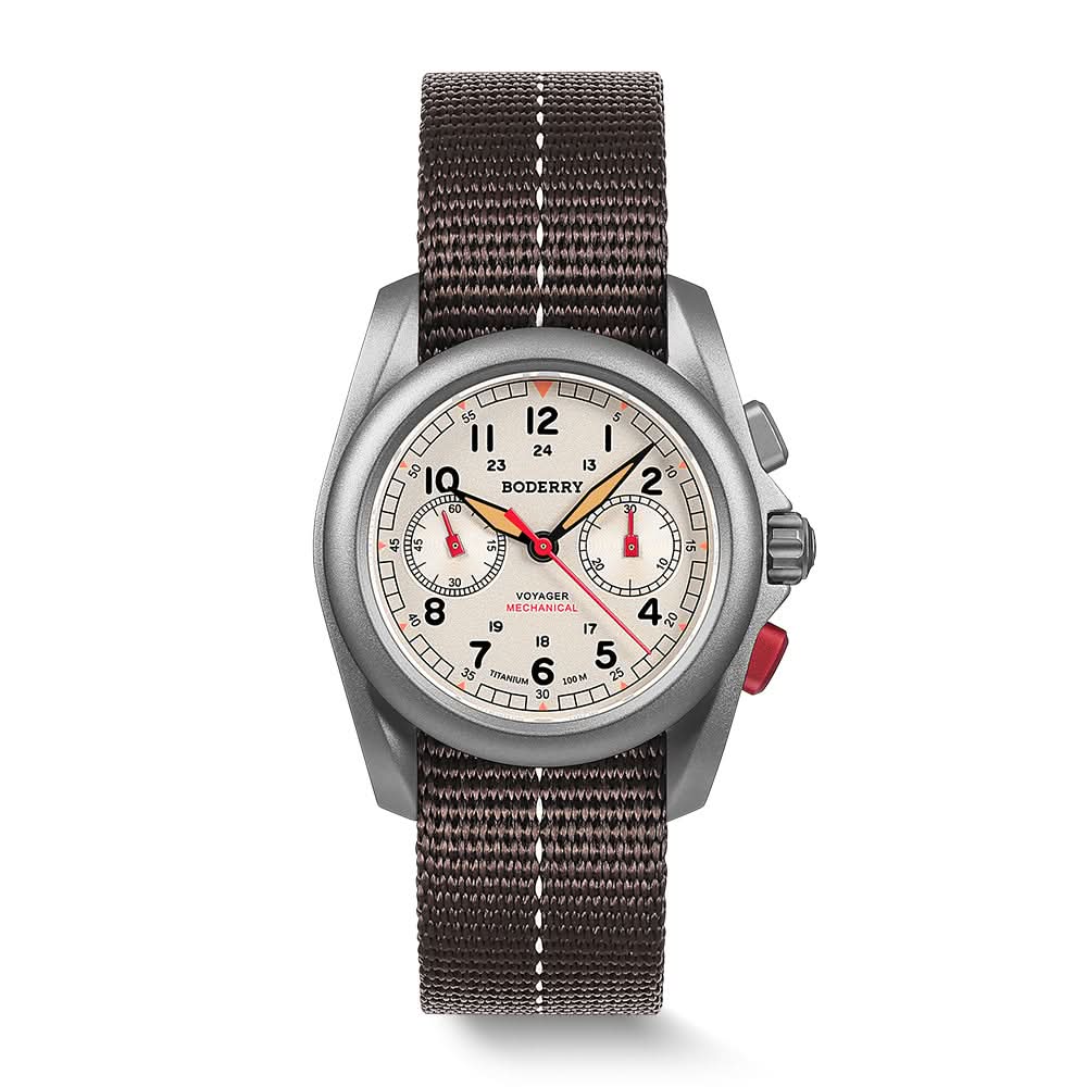 Boderry VOYAGER Chronograph - Titanium Mechanical Field Watch, 100M Water Resistant | Cream