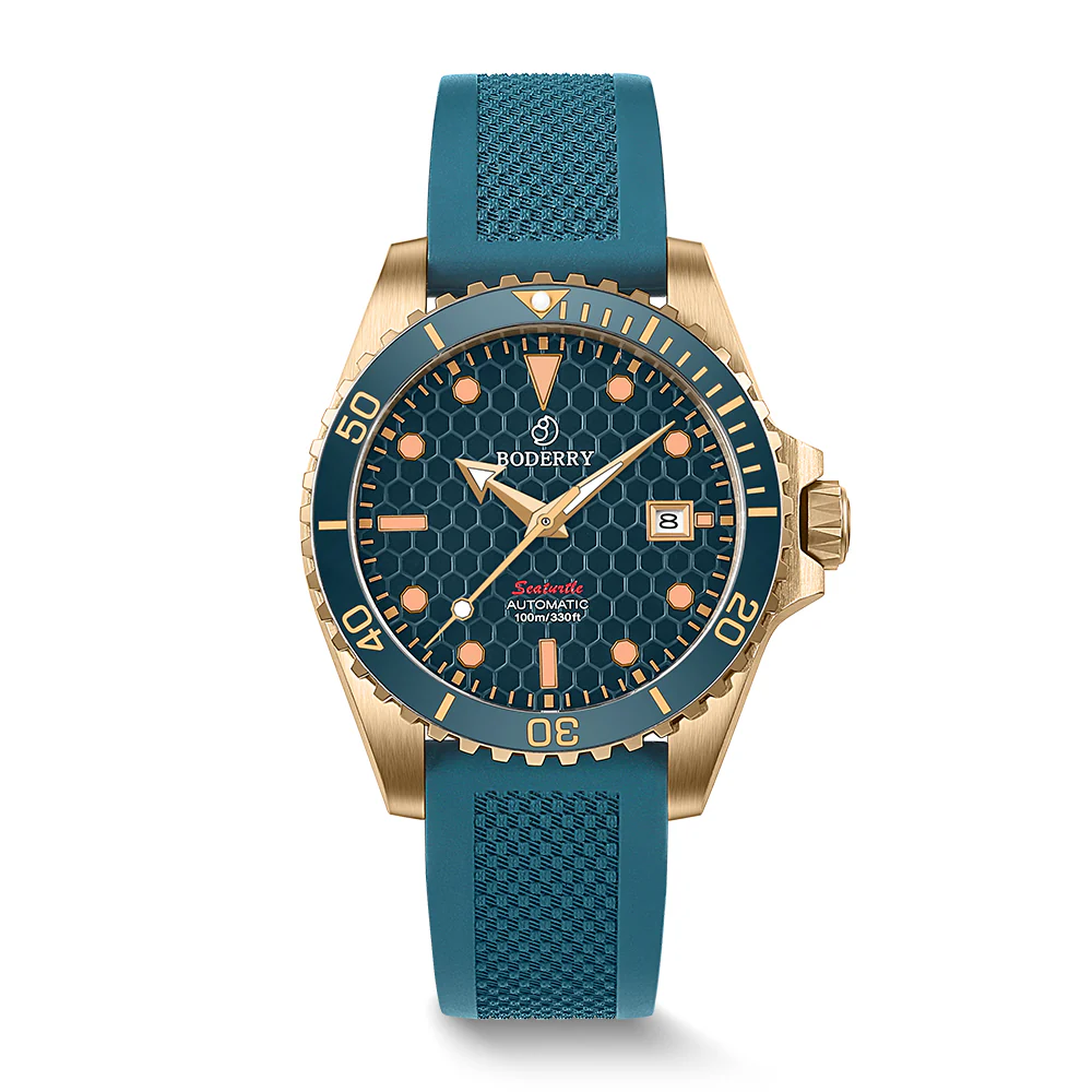 Boderry SEATURTLE.OCEAN(BRONZE) - Automatic Bronze Diver Watch | Sea Blue/FKM Rubber