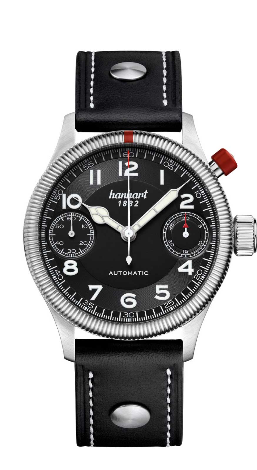 Hanhart PIONEER MonoScope, schwarz kannelierte Lünette, 45 mm