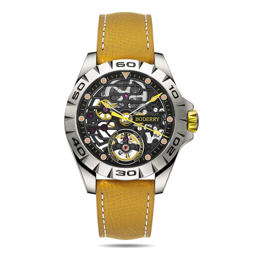Boderry URBAN SKELETON(TITANIUM) Ver 2.0-Silver Hands - 3-Hand Hi-beat(28,800 bph) with 72 hrs Power-reserve Automatic Watch | Yellow Dial