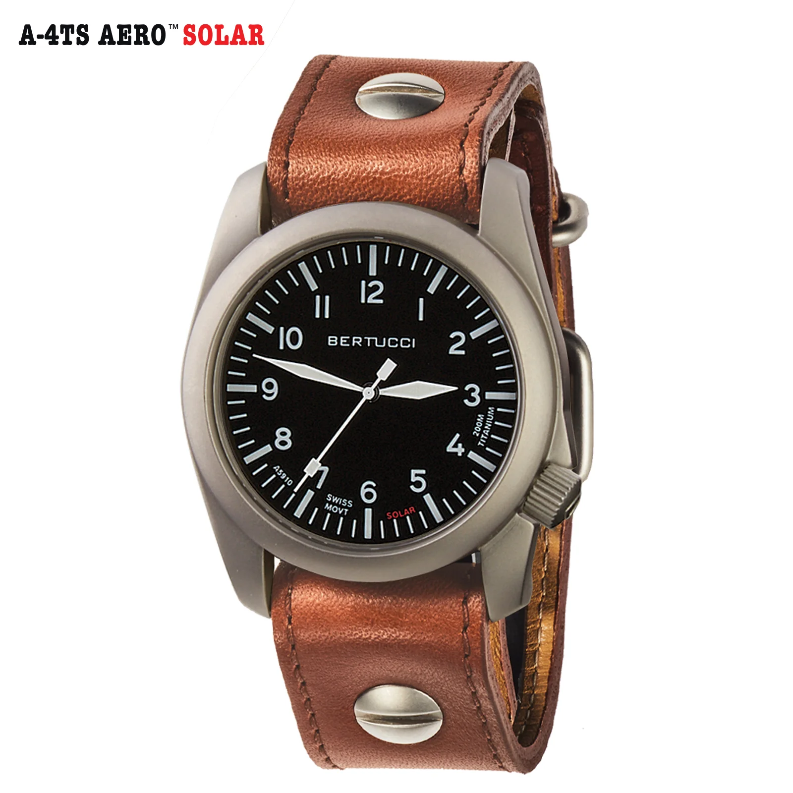Bertucci #13902 A-4TS AERO™ Solar - Black dial, Vintage Tan w/ post screw leather