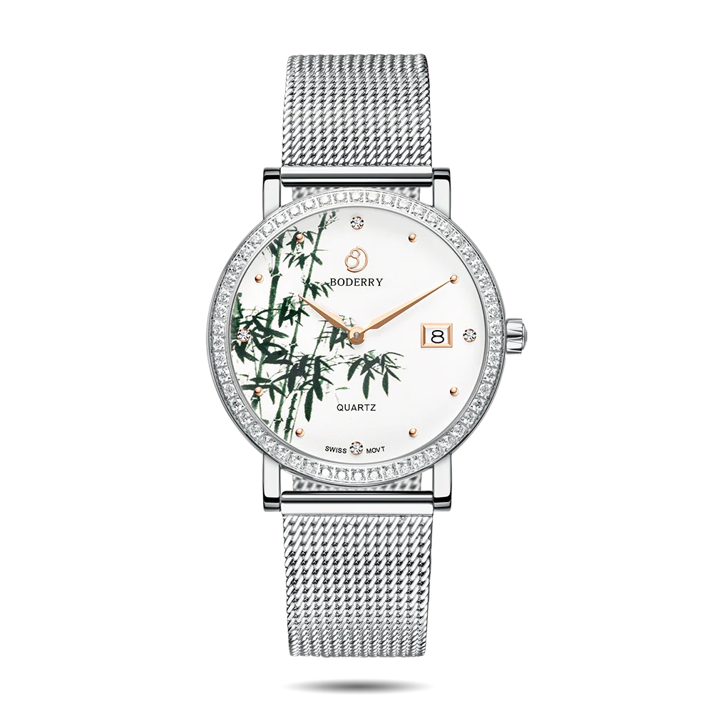 Boderry FLOWER - Swiss Quartz Movement Watch | Silver & Bamboo