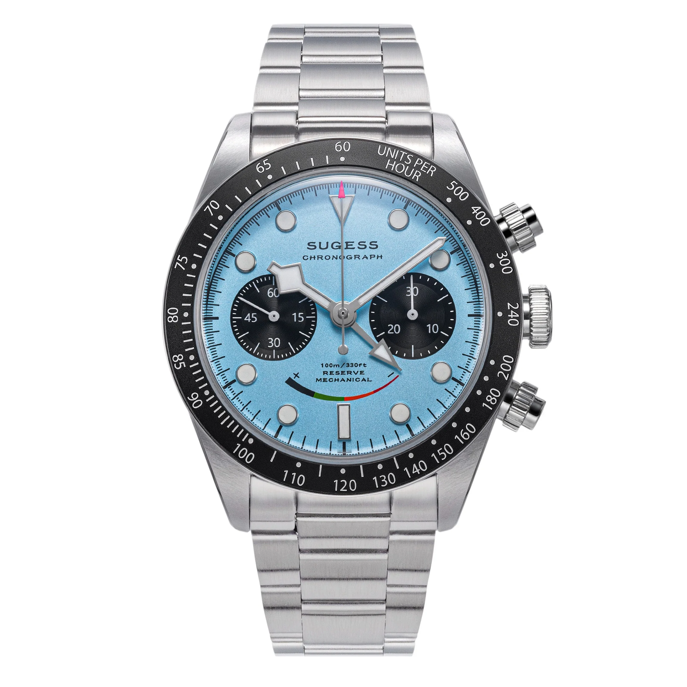 Sugess Chrono Heritage S475 Chronograph Power Reserve Smile Light Blue Panda Dial
