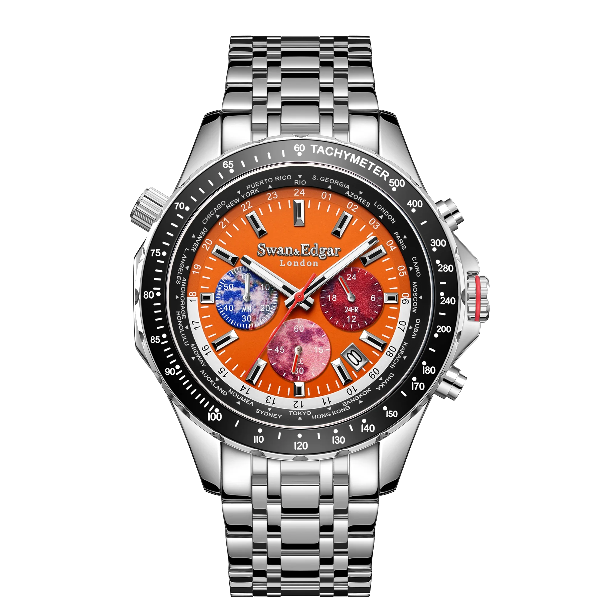 Swan & Edgar World Timer Mechanical Quartz Hybrid- Steel Matt Orange