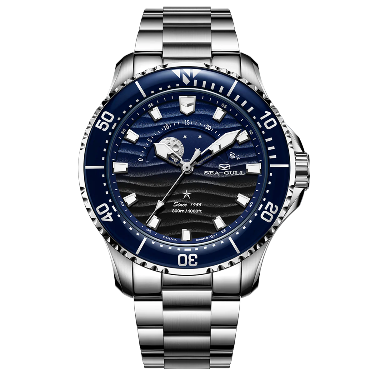 Sea-Gull Ocean Series Pro 300m Moon Phase Gradient Wave-textured Dial Diving Watch 43.5mm