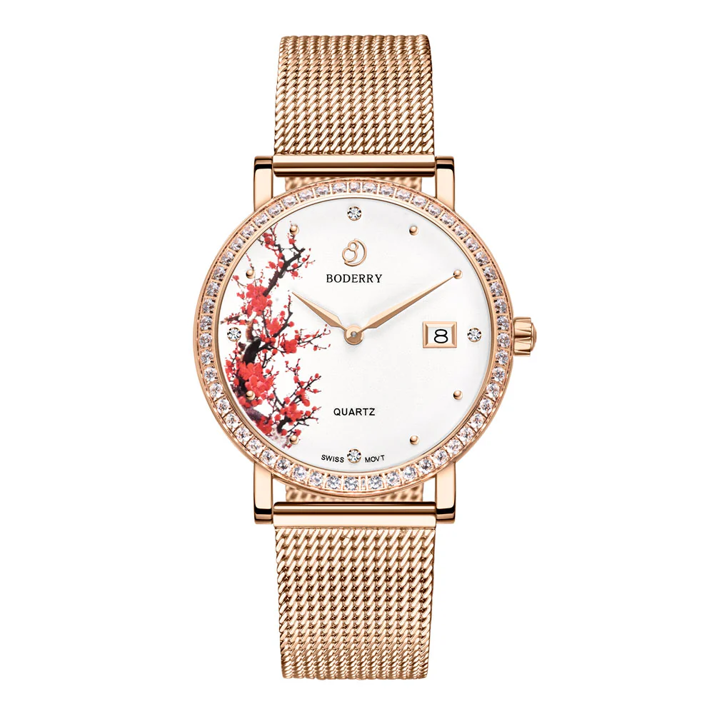 Boderry FLOWER - Swiss Quartz Movement Watch | Rose Gold & Plum Blossom