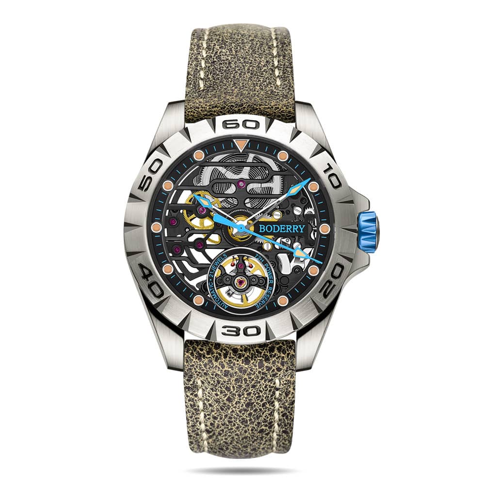 Boderry URBAN SKELETON(TITANIUM) Ver 2.0-Silver Hands - 3-Hand Hi-beat(28,800 bph) with 72 hrs Power-reserve Automatic Watch | Blue Dial