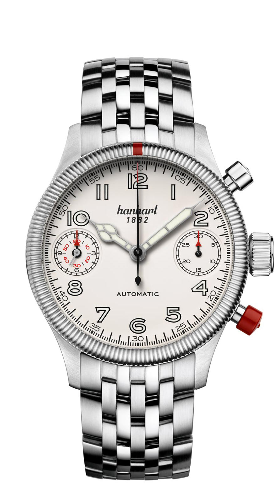 Hanhart PIONEER TwinDicator, altweiß, kannelierte Lünette, 45 mm
