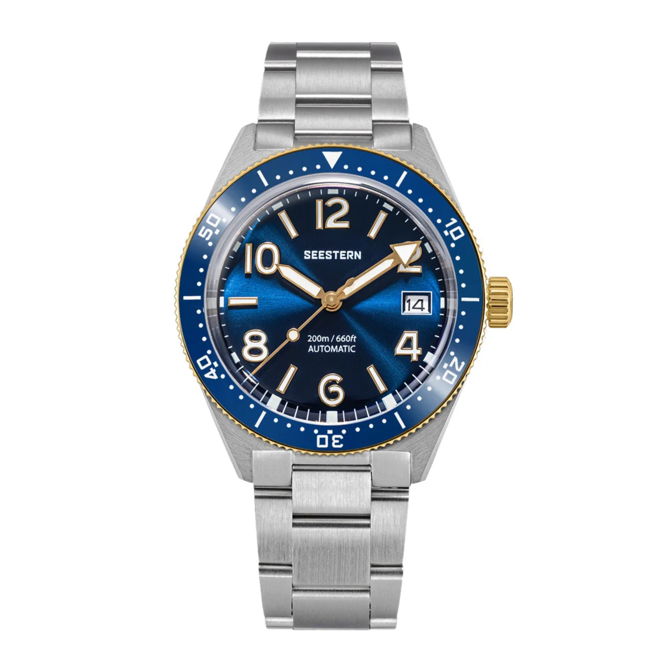 Sugess Seestern S434-2 Stainless-Steel Blue Dial Gold Bezel Professional Diver Automatic 200m Water Resistant