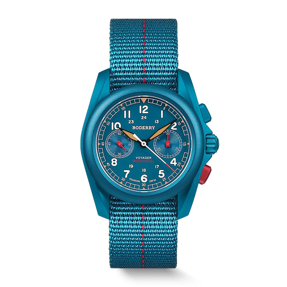 Boderry VOYAGER Chronograph - Titanium Mechanical Field Watch, 100M Water Resistant | Cerulean Blue