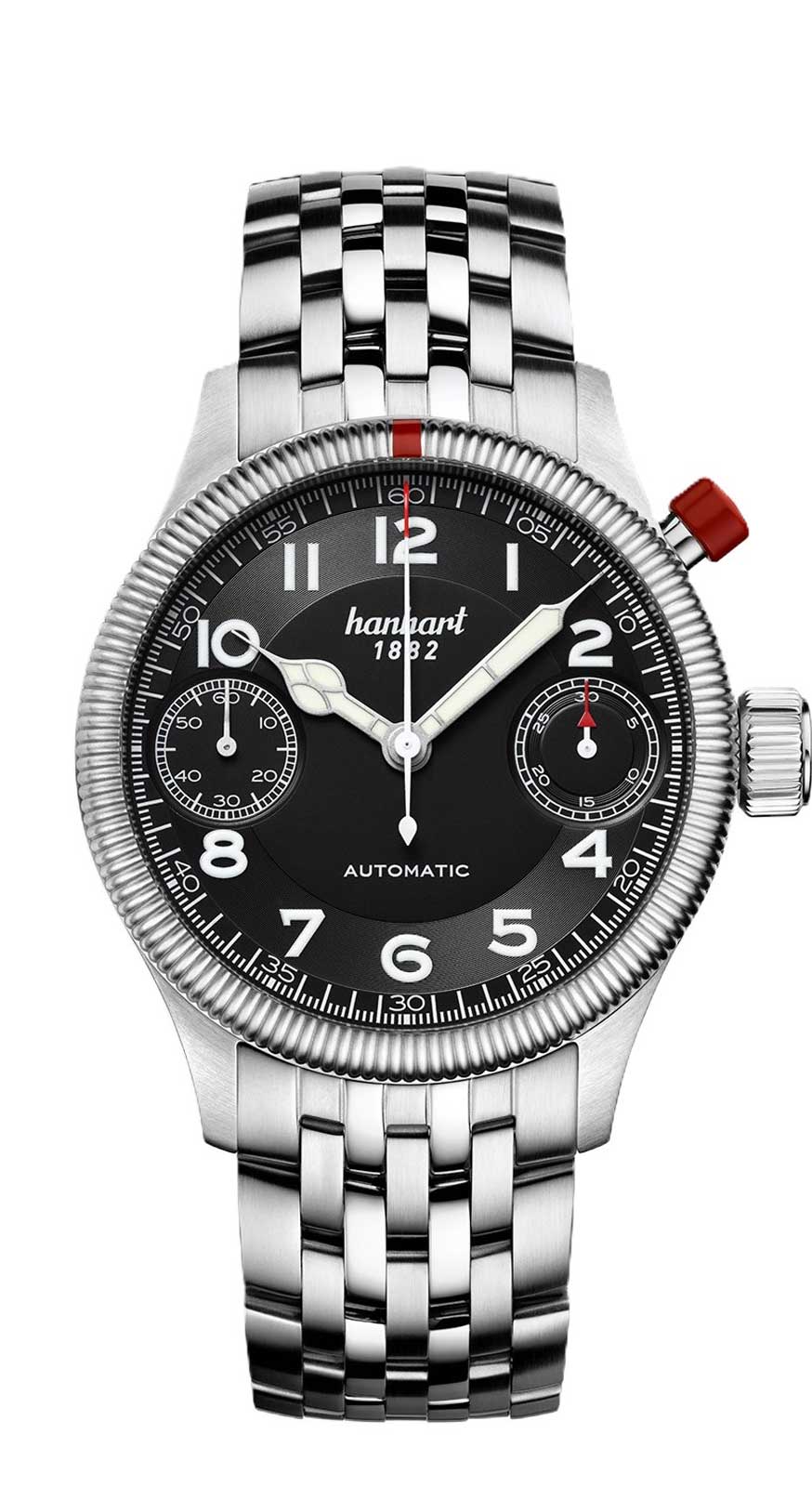 Hanhart PIONEER MonoScope, schwarz kannelierte Lünette, 45 mm