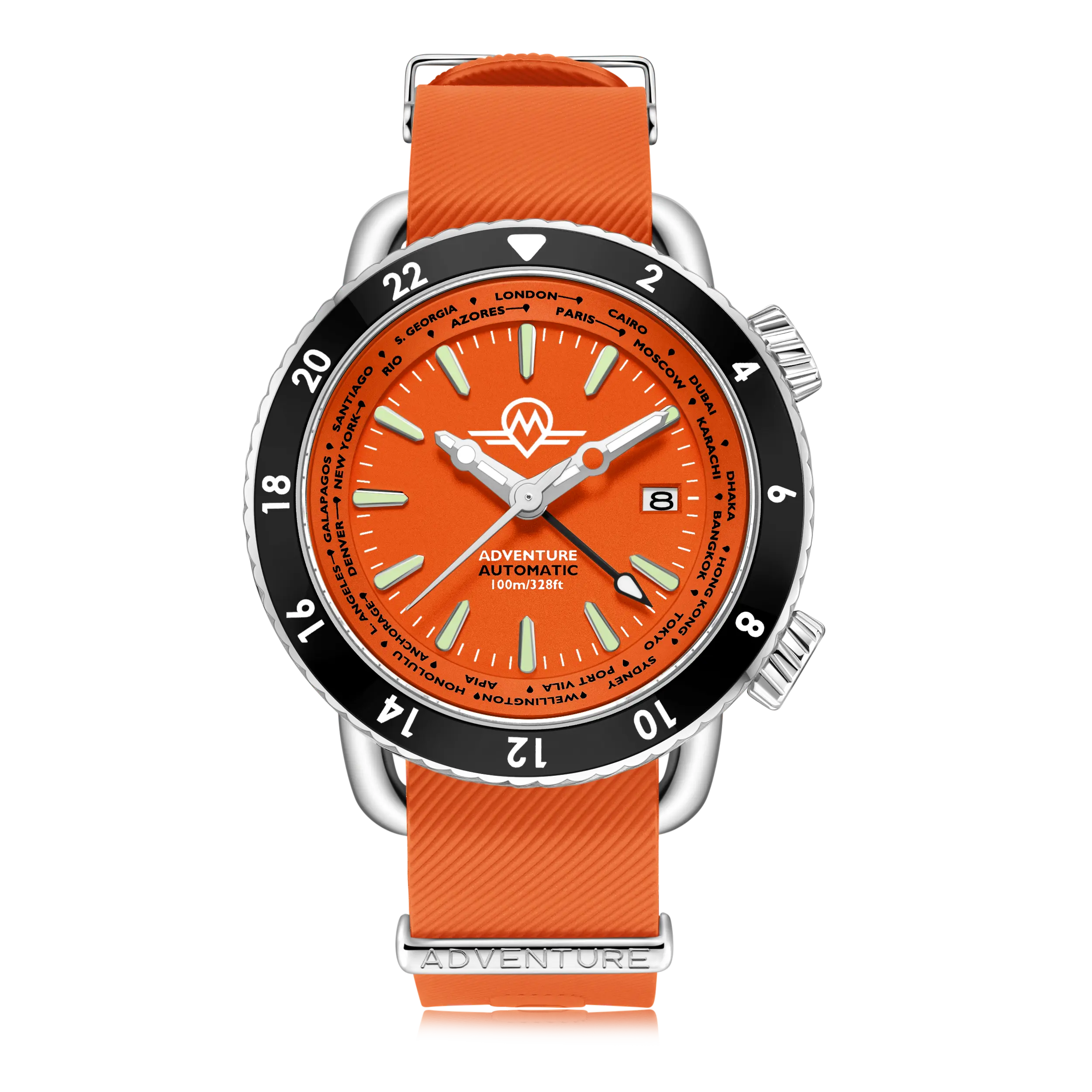 Monro MONRO ADVENTURE MA-3 SUNSET ORANGE, Automatic GMT Worldtimer, 44mm Stainless Steel, Orange Dial