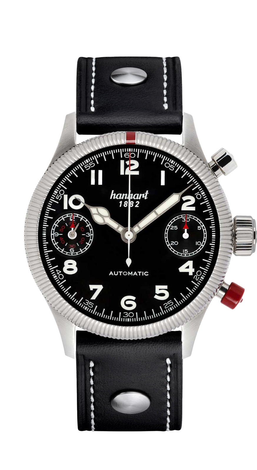 Hanhart PIONEER TwinDicator, schwarz, kannelierte Lünette, 45 mm