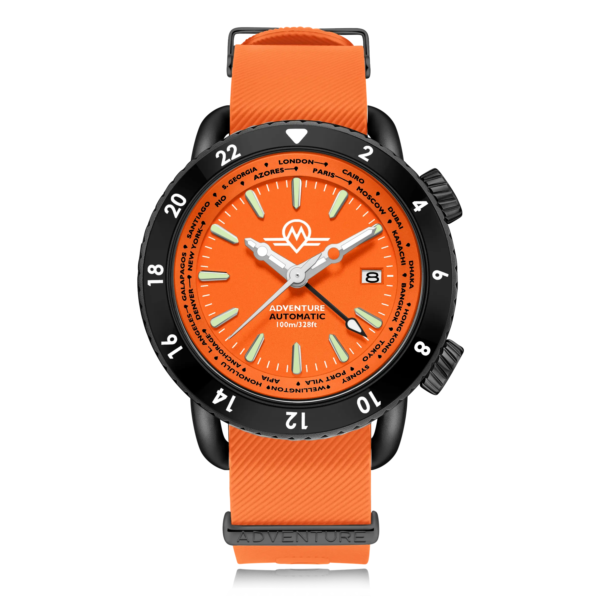 Monro MONRO ADVENTURE MA-7 NIGHT FIRE, Automatic GMT Worldtimer, 44mm Stainless Steel, Orange Dial