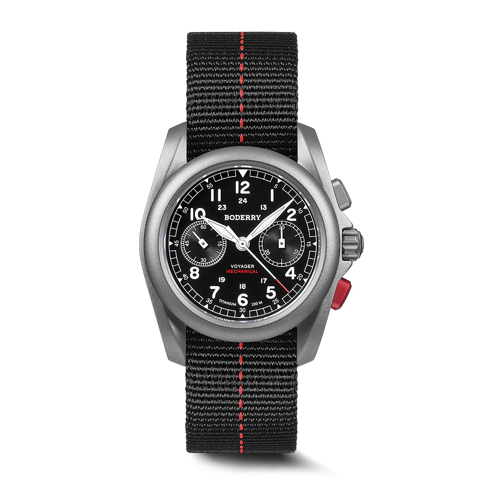 Boderry VOYAGER Chronograph - Titanium Mechanical Field Watch, 100M Water Resistant | Black