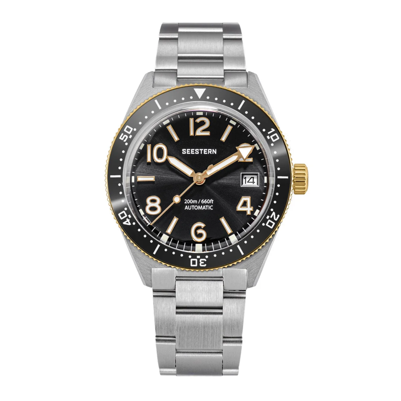 Sugess Seestern S434-2 Stainless-Steel Black Dial Gold Bezel Professional Diver Automatic 200m Water Resistant
