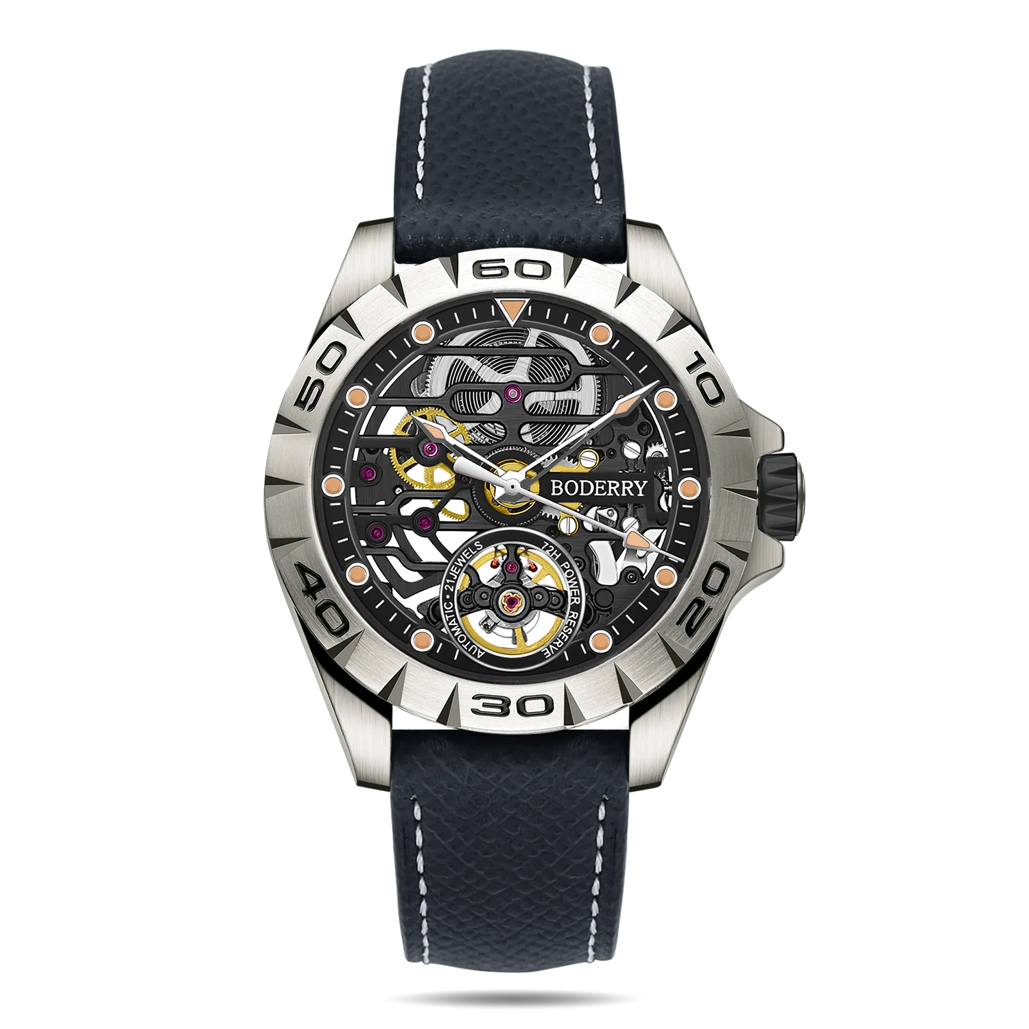 Boderry URBAN SKELETON(TITANIUM) Ver 2.0-Silver Hands - 3-Hand Hi-beat(28,800 bph) with 72 hrs Power-reserve Automatic Watch | Black Dial