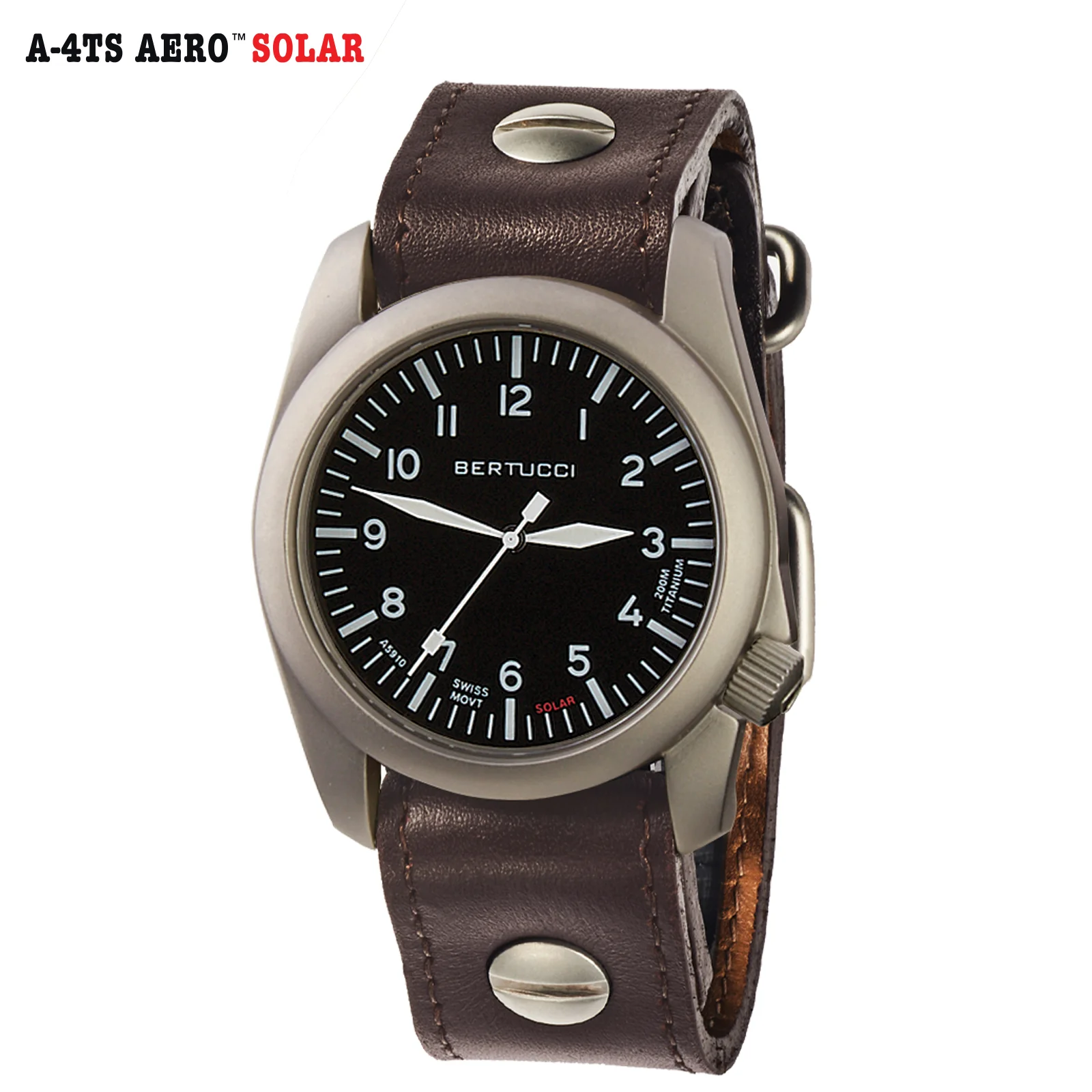 Bertucci #13903 A-4TS AERO™ Solar - Black dial, Vintage Brown w/ post screw leather