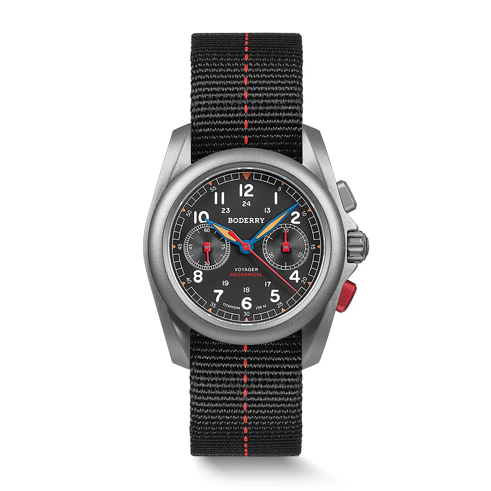Boderry VOYAGER Chronograph - Titanium Mechanical Field Watch, 100M Water Resistant | Grey