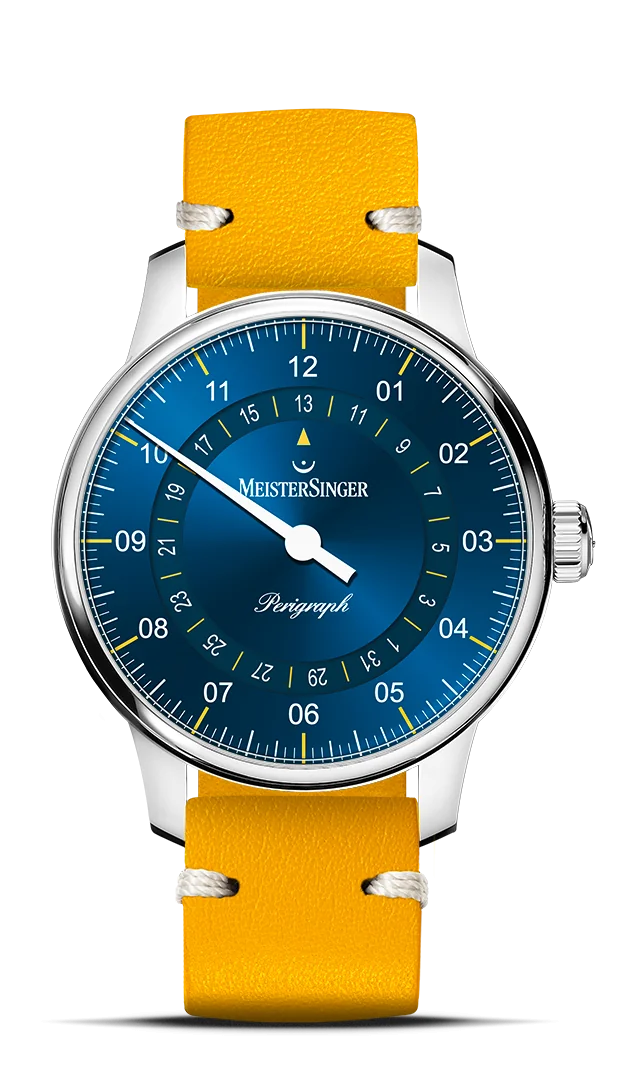 MeisterSinger Perigraph 38mm – Mittelblau/Gelb