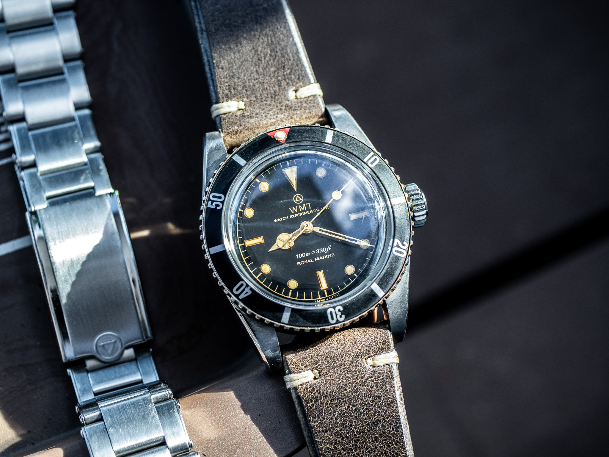 WMT Watches Sea Diver – ‘MI6-010C’ / All Aged With Brass Bezel / Heavy Aged / Metal Bracelet + Leather Strap Set