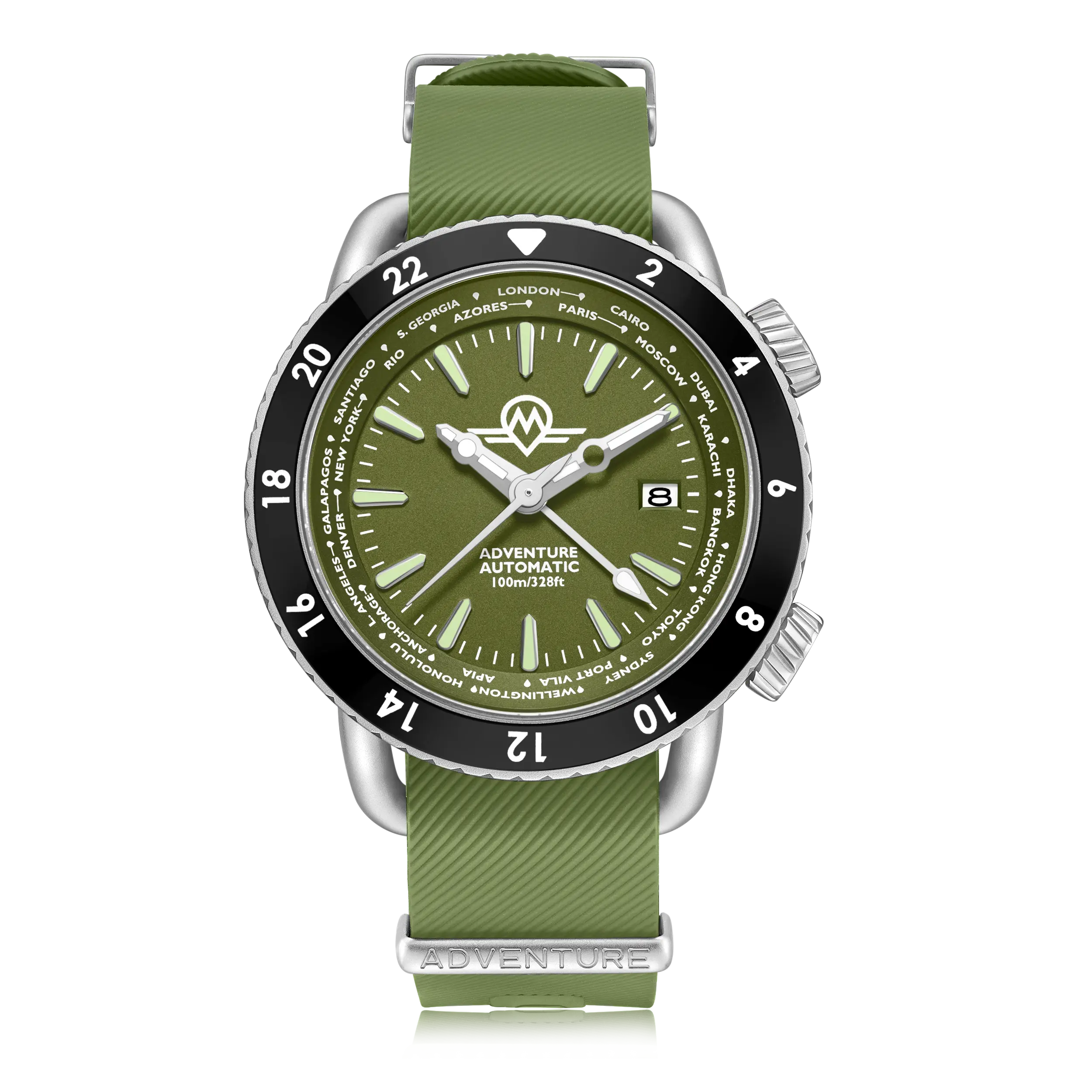 Monro MONRO ADVENTURE MA-4 WOODLAND GREEN, Automatic GMT Worldtimer, 44mm Stainless Steel, Green Dial