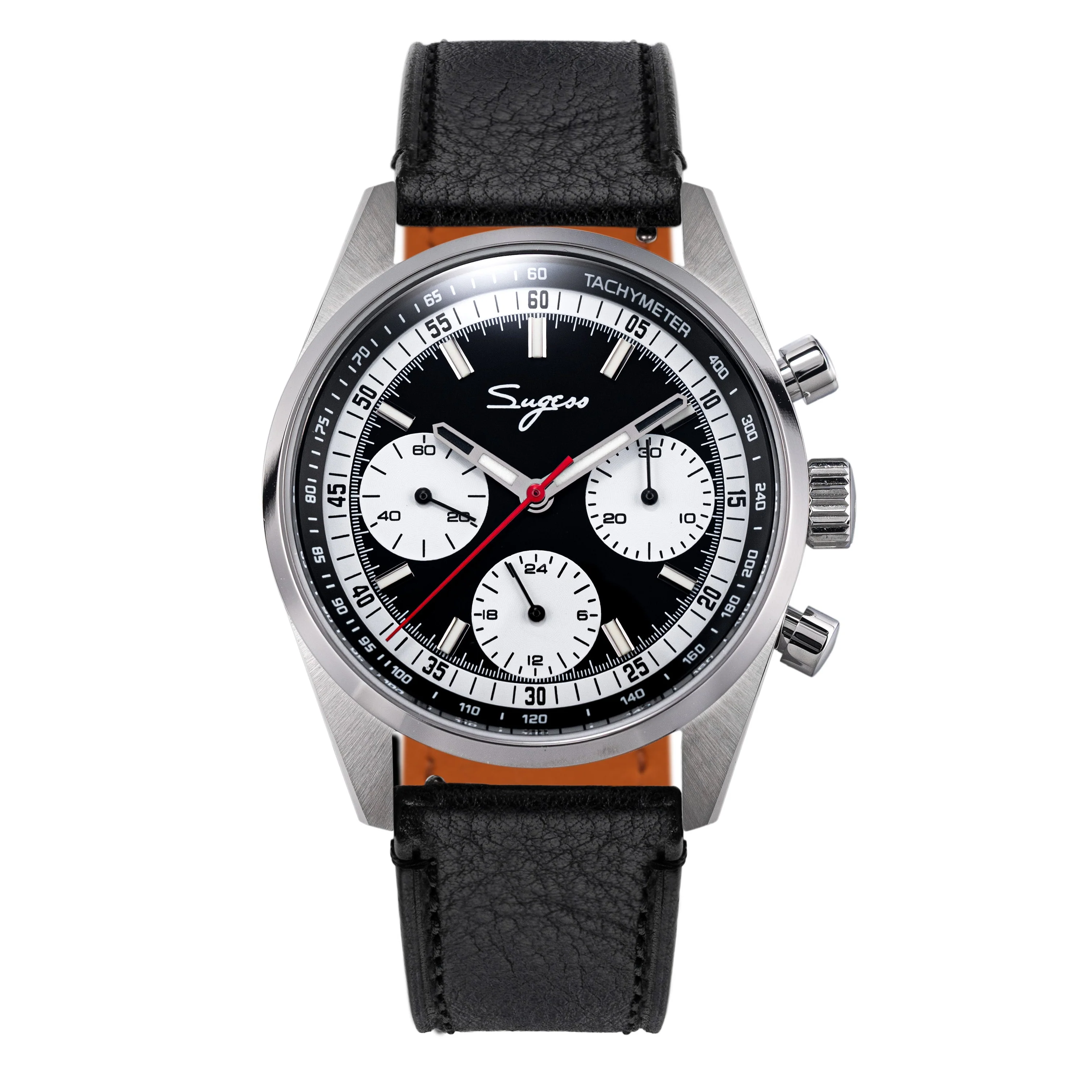 Sugess Sugess S465 Chronograph Stainless Steel Black Dial Silver Hand Black Leather