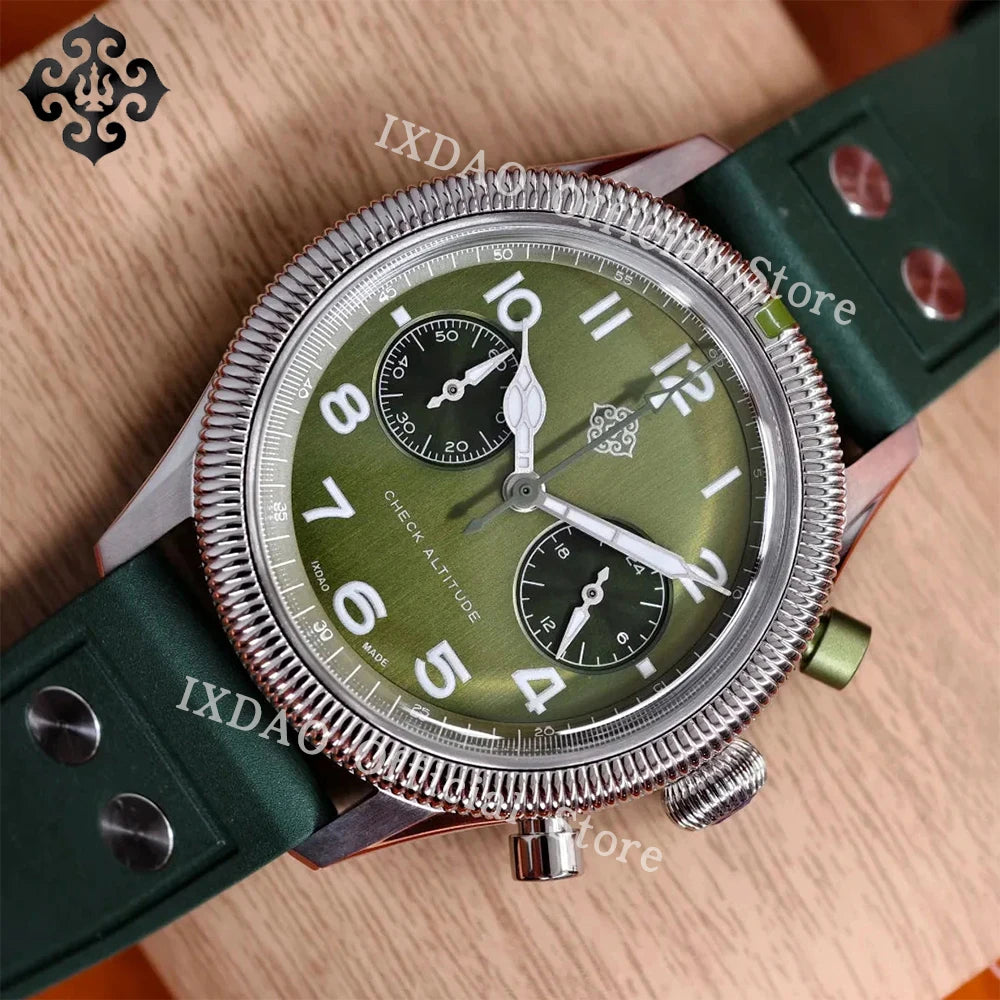 IXDAO 2026 New JD-X10S IXDAO 39mm Pilot Men Quartz Watches Peregrine Falcon Series VK64 Sapphire Stainless Steel Sports Chronograph 10Bar C3(Green)