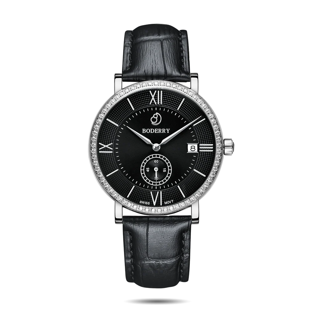 Boderry ELEGANT II - Swiss Quartz Movement Watch | Silver & Black Dial
