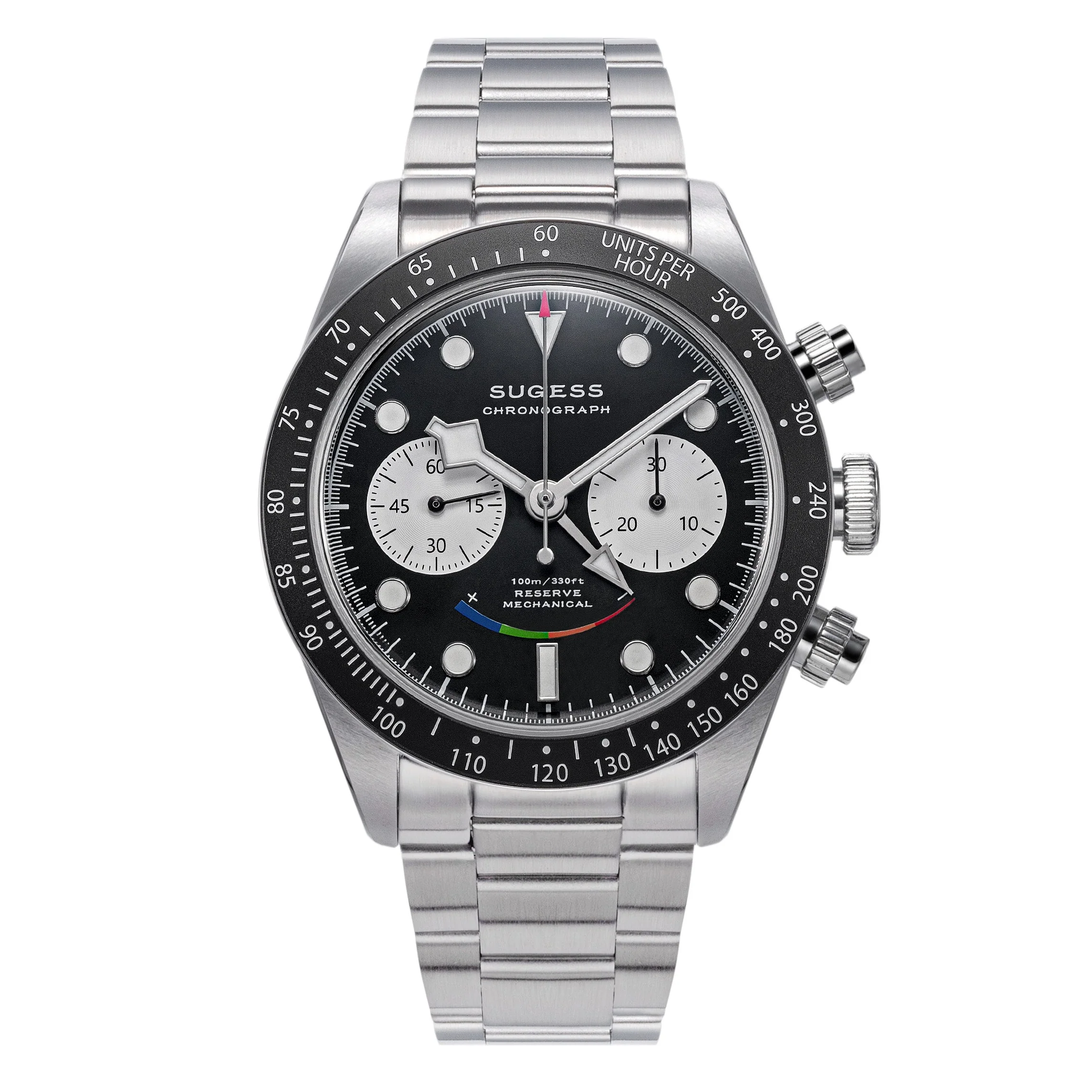 Sugess Chrono Heritage S475 Chronograph Power Reserve Smile Black Panda Dial