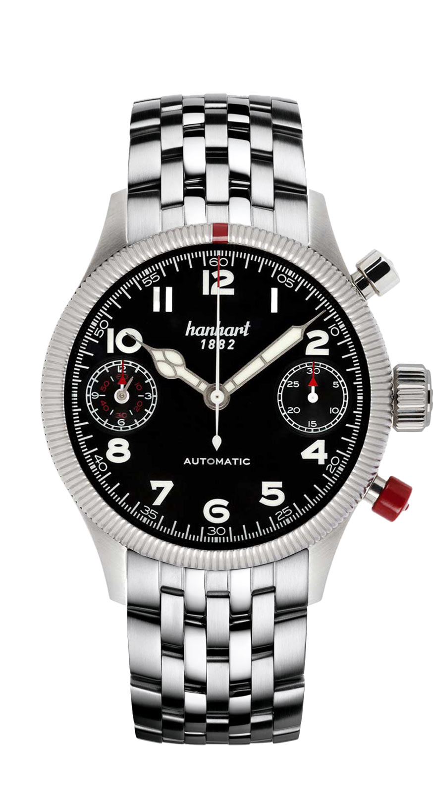 Hanhart PIONEER TwinDicator, schwarz, kannelierte Lünette, 45 mm